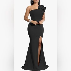 Sexy Sleeveless One Shoulder Ruffle High Split Party Evening Long Formal Dress,M